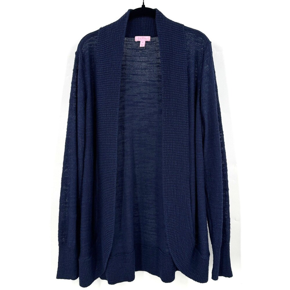 Lilly Pulitzer Cardigan Women XL Navy Blue Open Front Lightweight Knit Coastal